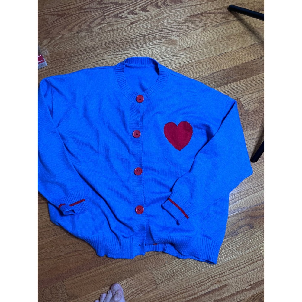 Unbranded Blue Heart Cardigan Sweater Womens XL Red Heart Button Front Knit